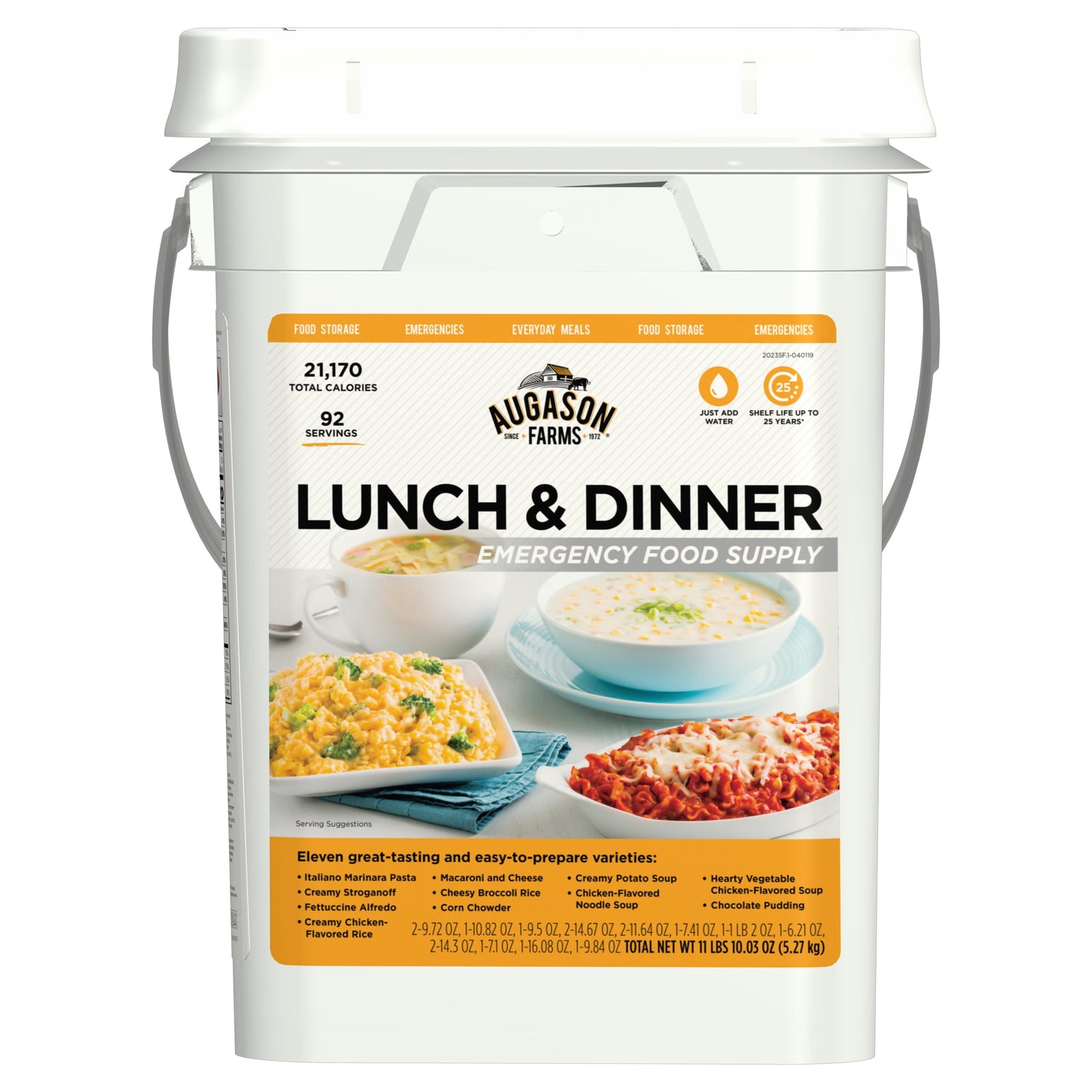 "Augason Farms Lunch & Dinner Emergency Food Supply - 11.03 lbs, 21,020 calories, 40-year expertise in emergency food."