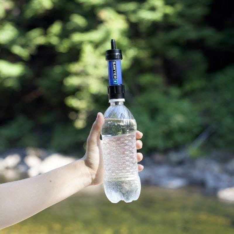 "Sawyer SP128 MINI Water Filter - ultralight 0.1 micron survival water purifier in blue with complete emergency kit."