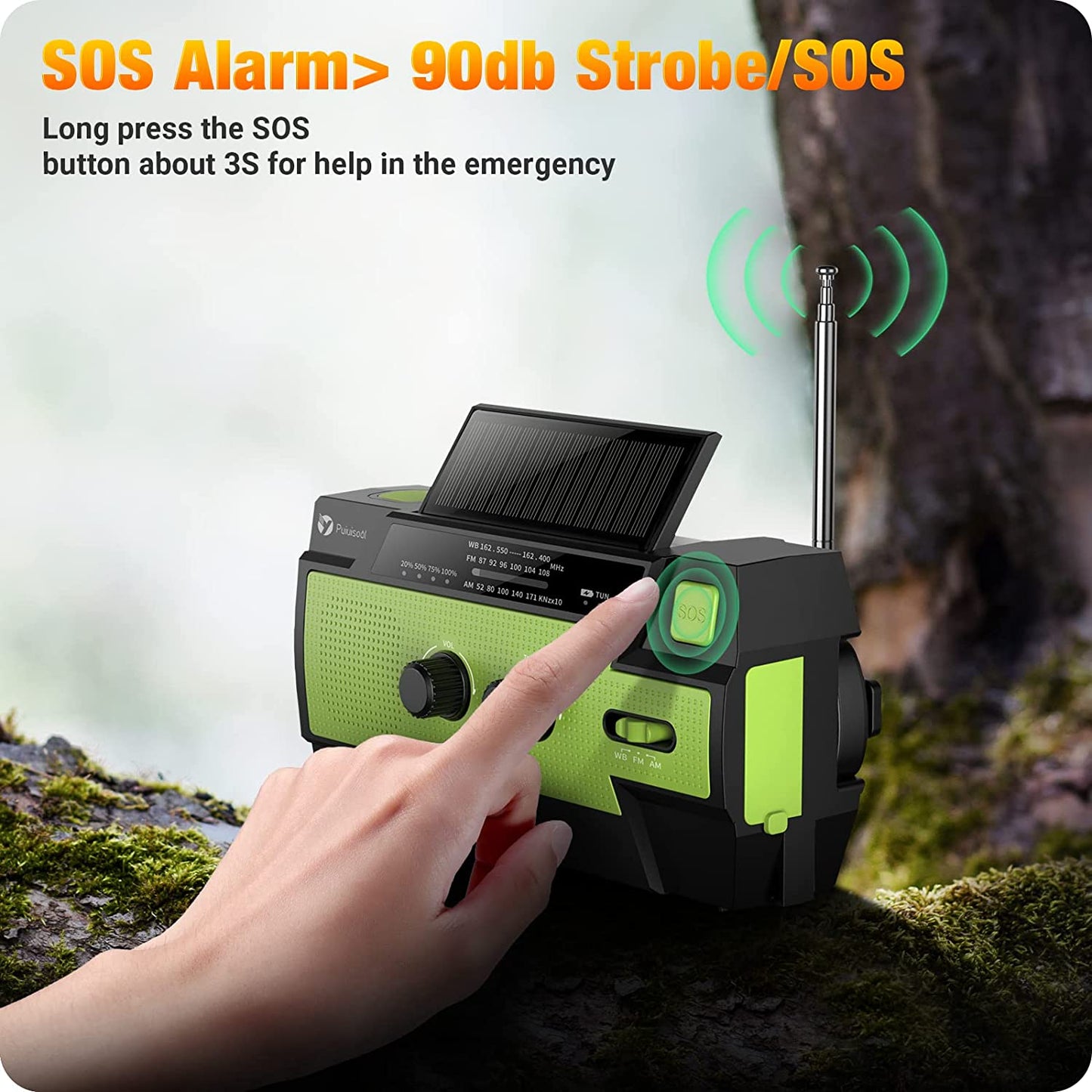 Image of the Puiuisoul 4000mAh weather radio, featuring a hand crank, solar charging panel, LED flashlight, and motion sensor reading lamp, displayed on a clean white background.