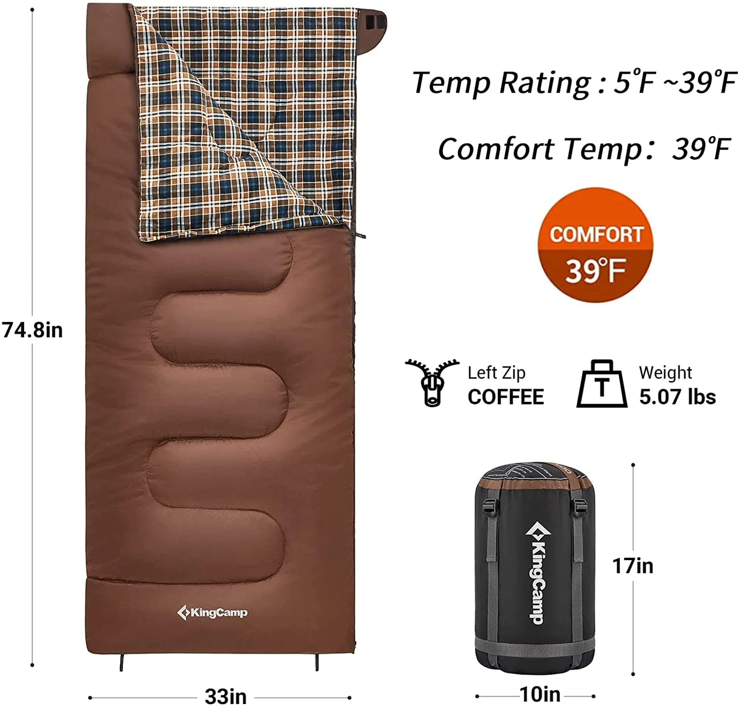 Image of a 4-season flannel sleeping bag in a coffee color, featuring a water-resistant outer shell, flannel interior, and spacious dimensions of 74.8" x 33", displayed on a clean white background.