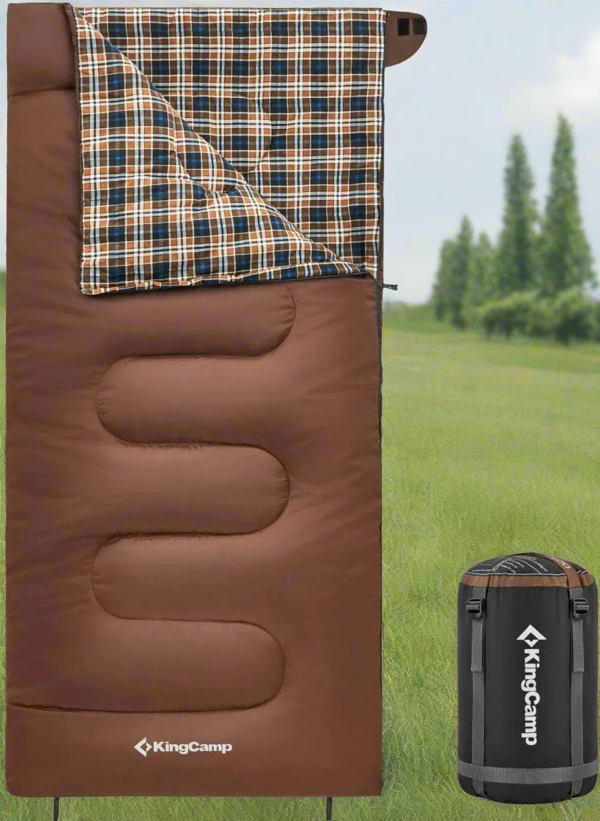 Image of a 4-season flannel sleeping bag in a coffee color, featuring a water-resistant outer shell, flannel interior, and spacious dimensions of 74.8" x 33", displayed on a clean white background.