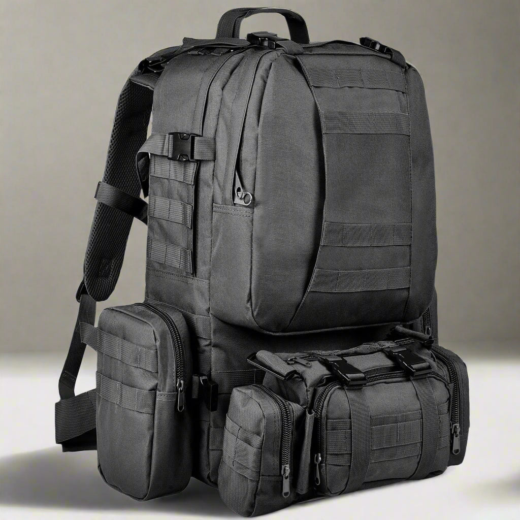 Brightify 60L Camping & Hiking Backpack in black, featuring a spacious 60L capacity, water-resistant polyester material, and multiple compartments. Includes adjustable shoulder straps for comfort and a durable design, perfect for camping, hiking, and outdoor adventures.