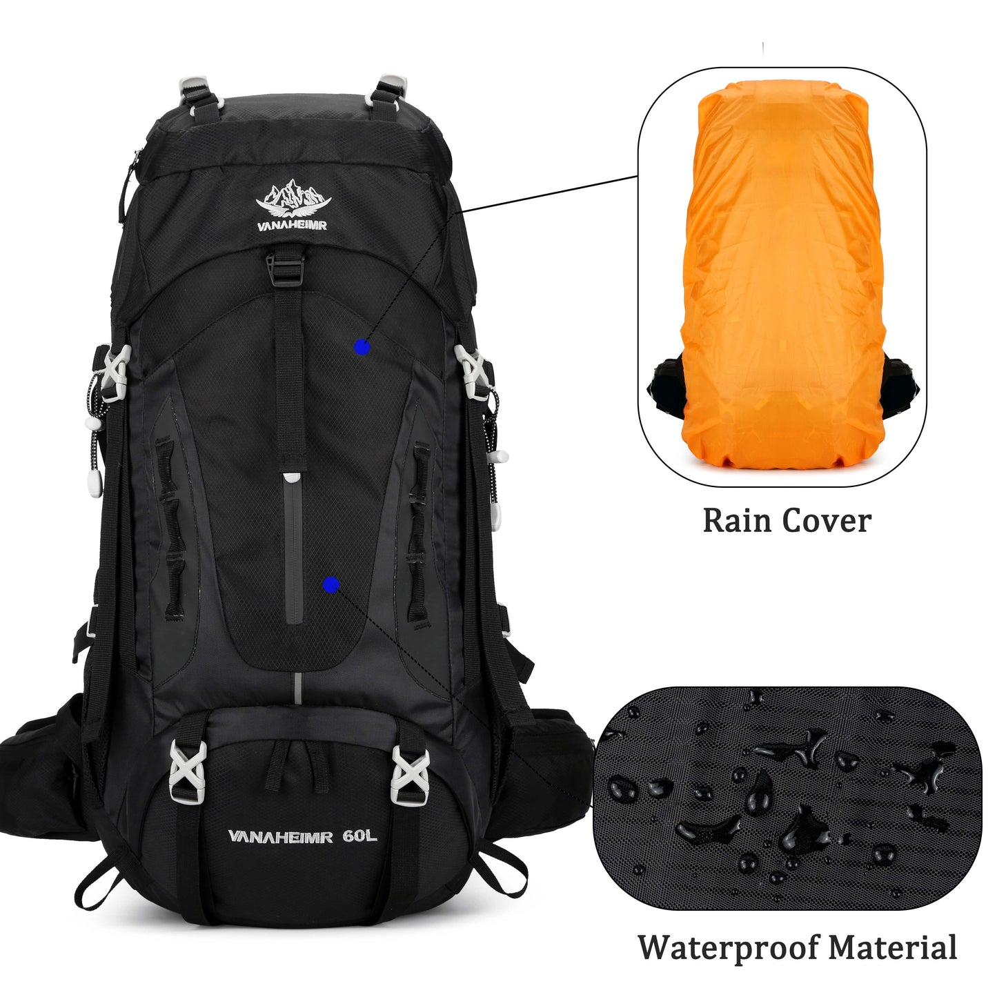 "TrekMate 60L Waterproof Travel Backpack with rain cover - perfect for hiking, camping, and outdoor adventures."