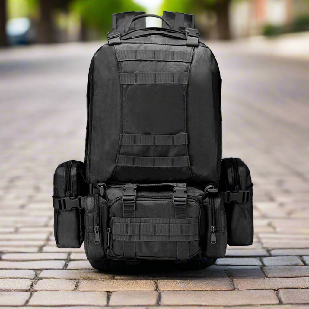 Brightify 60L Camping & Hiking Backpack in black, featuring a spacious 60L capacity, water-resistant polyester material, and multiple compartments. Includes adjustable shoulder straps for comfort and a durable design, perfect for camping, hiking, and outdoor adventures.