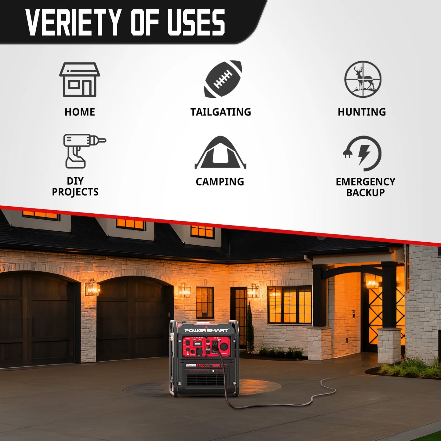 Image of a 4450-watt gas-powered inverter generator, featuring a compact design and EPA compliance, perfect for outdoor adventures and home backup, displayed on a clean white background.