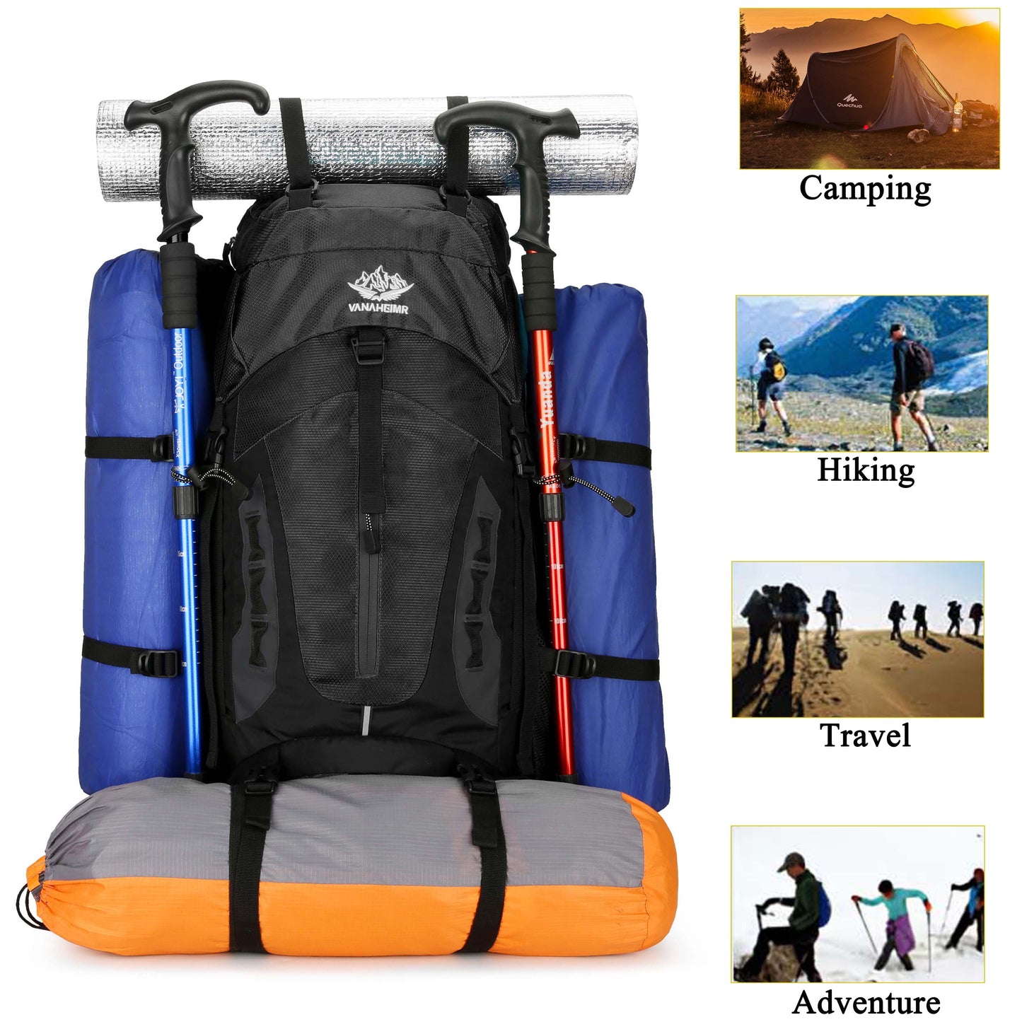 "TrekMate 60L Waterproof Travel Backpack with rain cover - perfect for hiking, camping, and outdoor adventures."