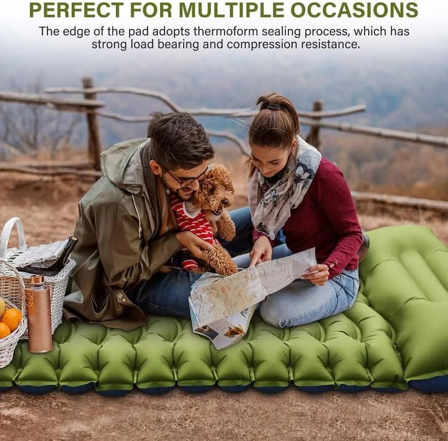 Image of a camping pad with a built-in pillow, featuring an extra-wide ripple air cell design, ultralight construction, and durable materials, ideal for backpacking and emergency preparedness, displayed on a clean white background.