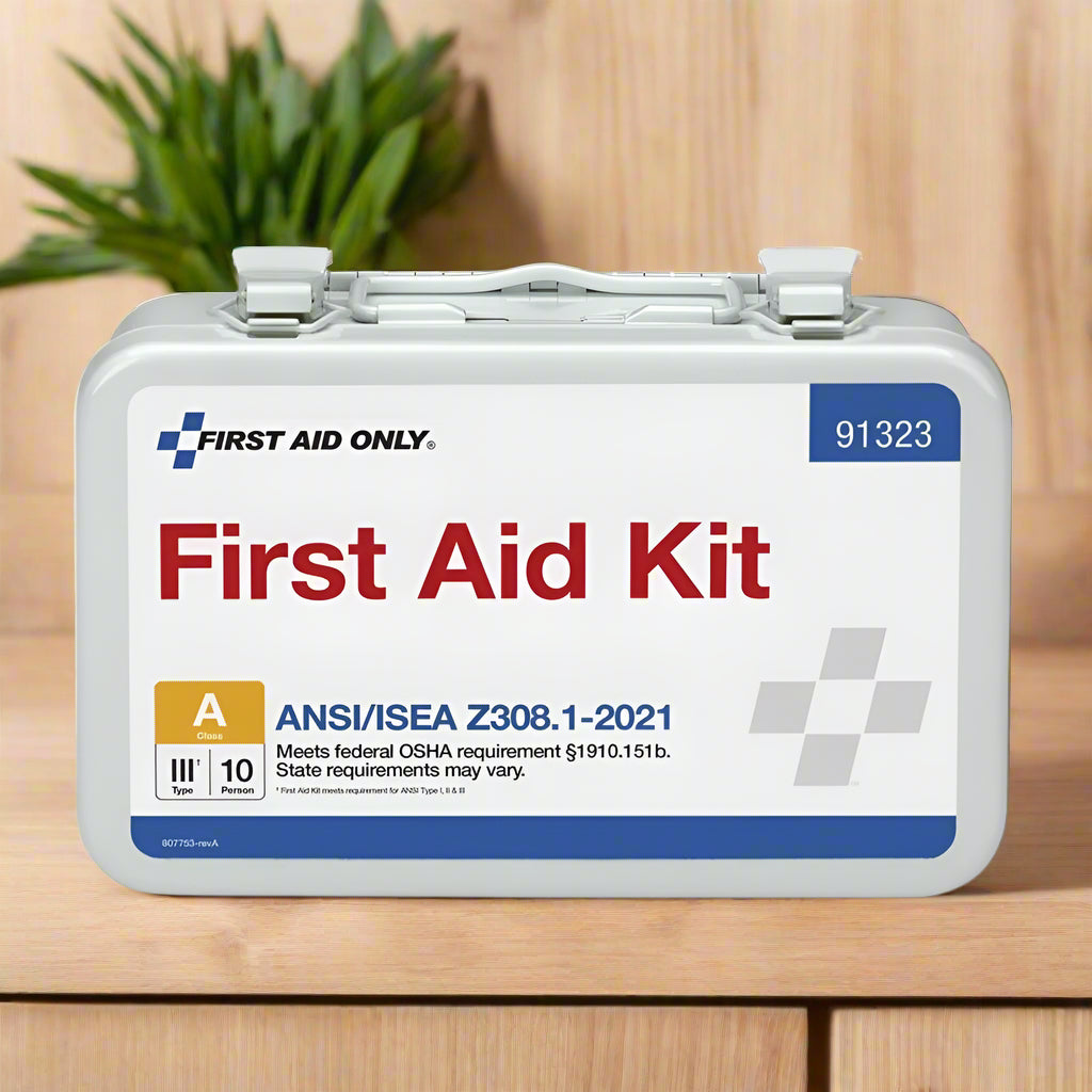 "ANSI Class A+ 351 First Aid Kit in a durable metal case with wall mount, showcasing its organized and OSHA-compliant design."