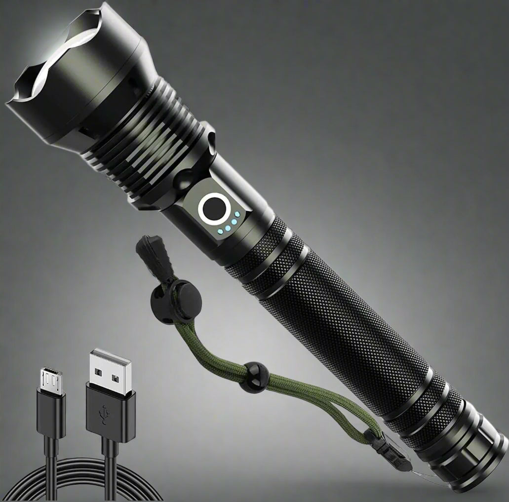 "90,000 Lumens Super Bright Rechargeable Waterproof Flashlight with 5 modes for outdoor adventures and emergencies."