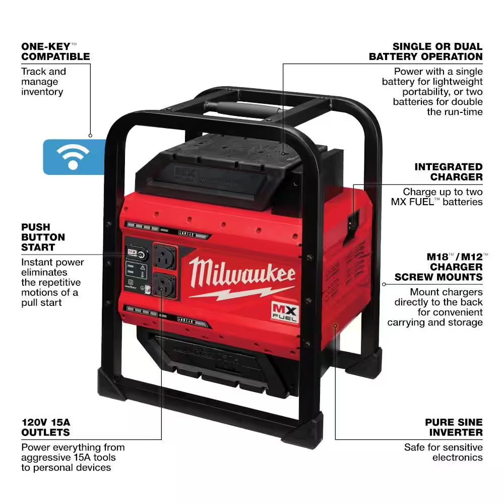 Image of the MX FUEL 3600W/1800W Portable Battery Generator with 2 XC batteries and a charger, showcasing a compact design with an integrated carry handle, displayed on a clean white background.