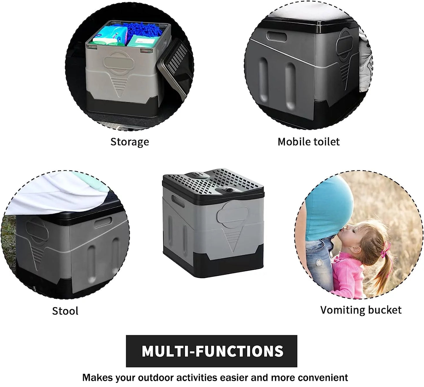 Image of a waterproof folding camping potty with a 400lb capacity, featuring a compact design, durable ABS plastic, and easy setup, ideal for emergency preparedness and outdoor use, displayed on a clean white background.