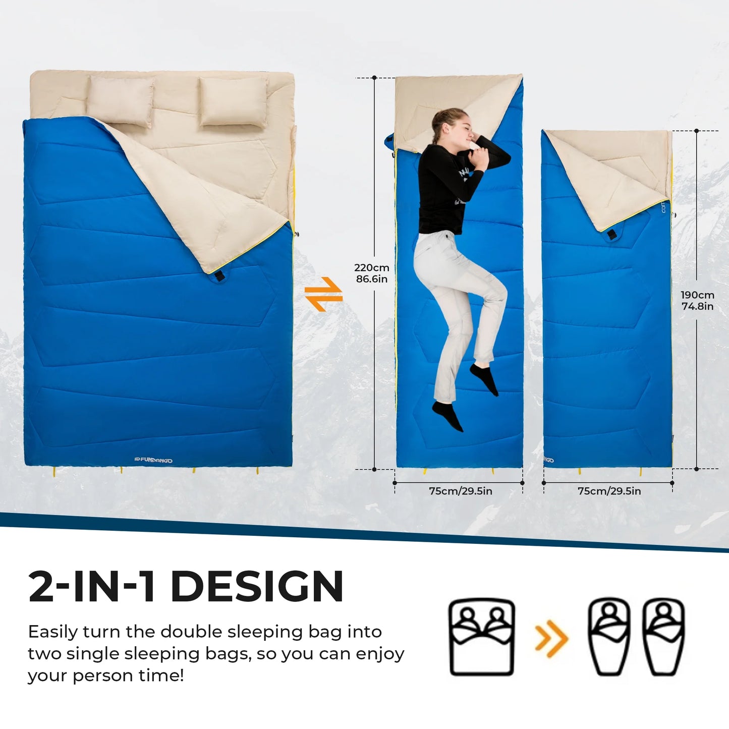 Image of a double sleeping bag with pillows in a lightweight design, featuring a 190T water-resistant shell, convertible into two singles, displayed on a clean white background.