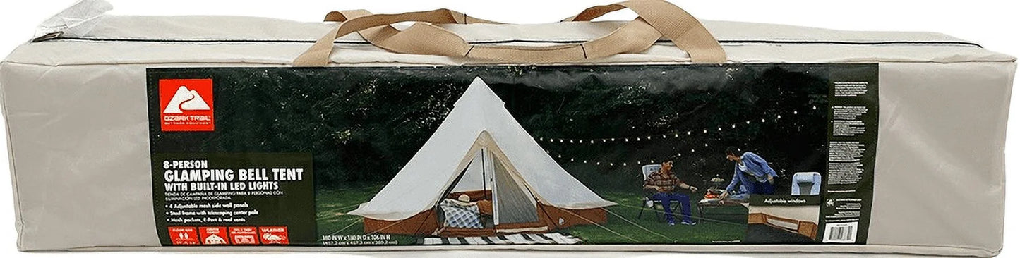 "8-Person Instant Cabin Tent set up in a campsite, showcasing its spacious interior, LED lighted poles, and durable design."