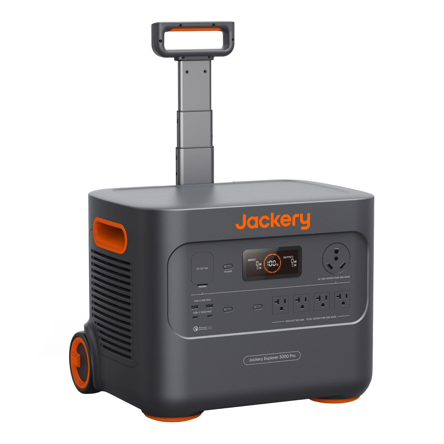 Portable solar generator with 3000W capacity, 2x 100W waterproof solar panels, and a wheeled design. Ideal for camping, emergencies, and off-grid power needs.