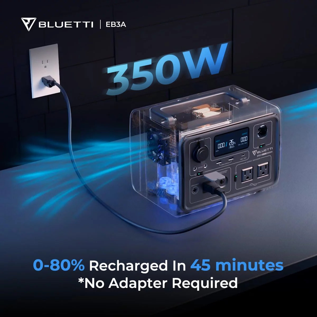 BLUETTI EB3A 600W portable solar generator with 268Wh capacity for camping, home, and emergency power needs.