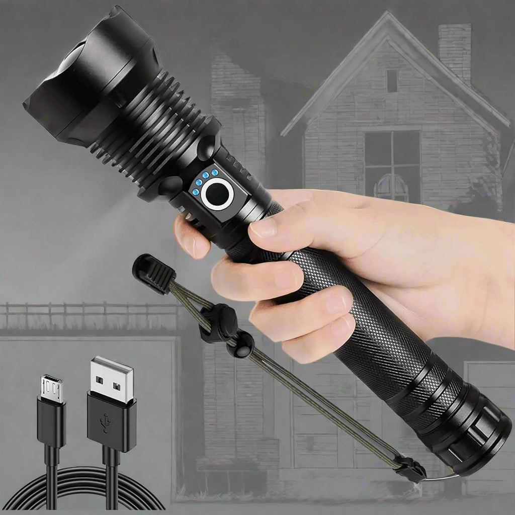 "90,000 Lumens Super Bright Rechargeable Waterproof Flashlight with 5 modes for outdoor adventures and emergencies."