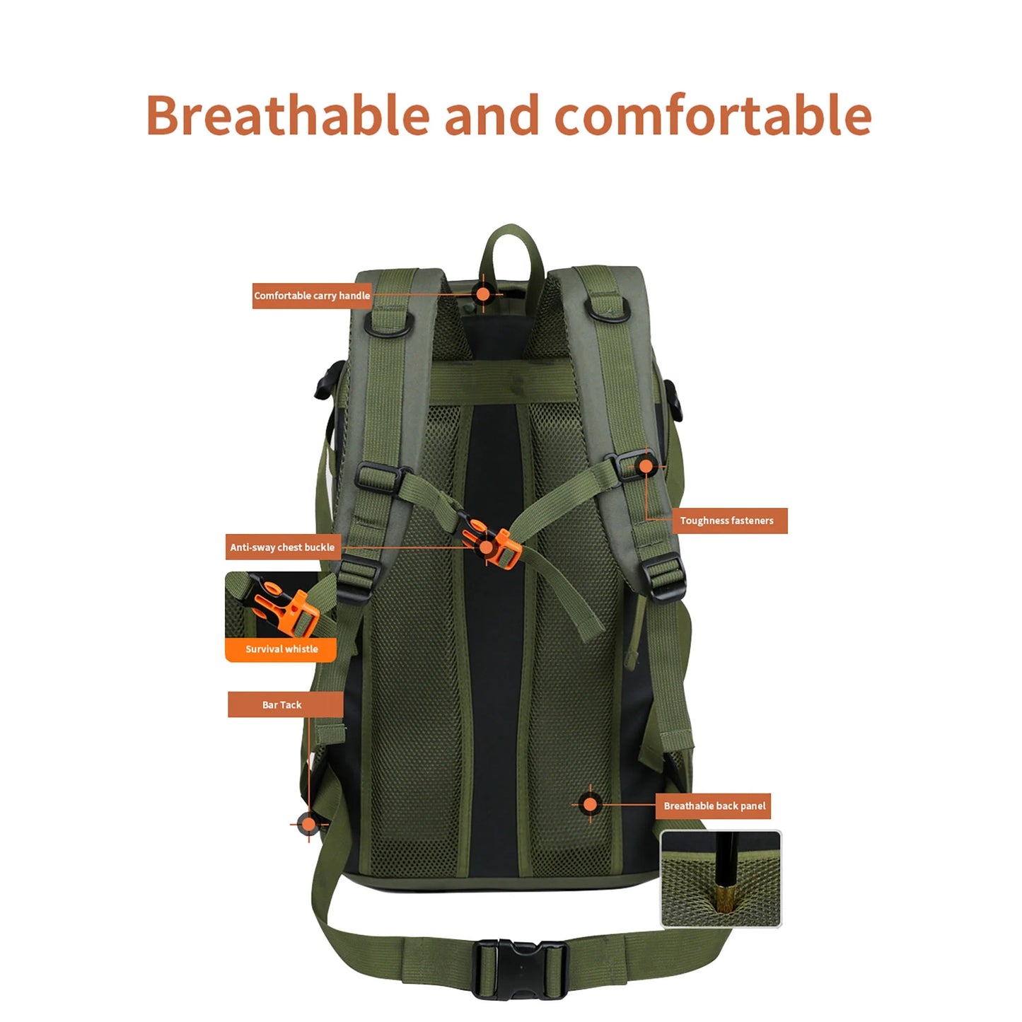 "45L Waterproof Backpack - durable climbing daypack for men and women in khaki with built-in emergency whistle and external straps."