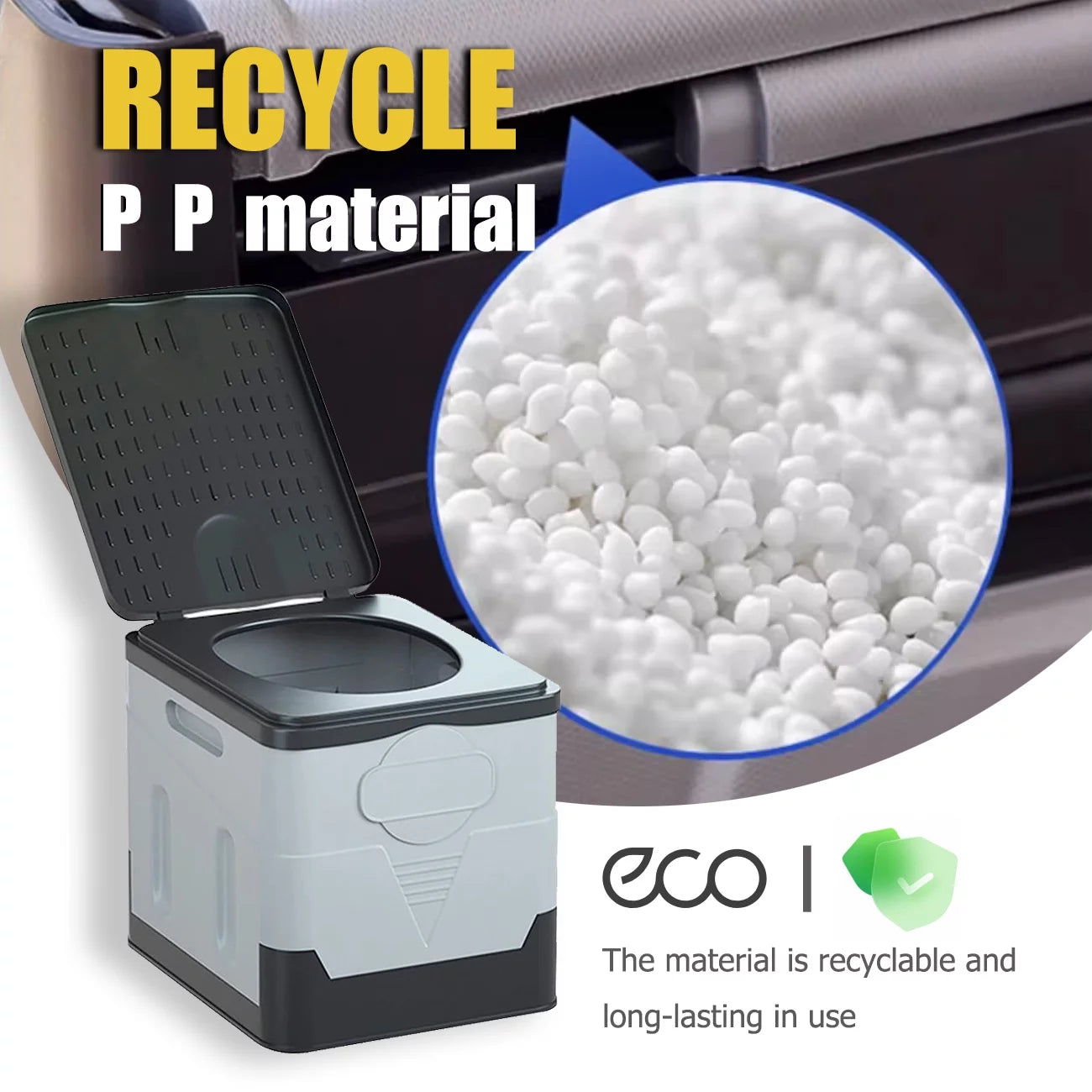 Image of a waterproof folding camping potty with a 400lb capacity, featuring a compact design, durable ABS plastic, and easy setup, ideal for emergency preparedness and outdoor use, displayed on a clean white background.
