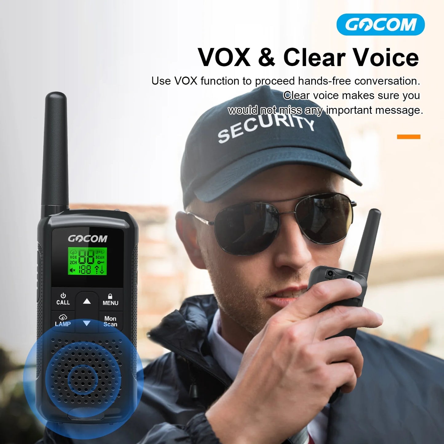 Image of a 4-pack of walkie-talkies for adults, featuring long-range communication, rechargeable power, LED light, and 22 FRS channels with weather alerts, displayed on a clean white background.