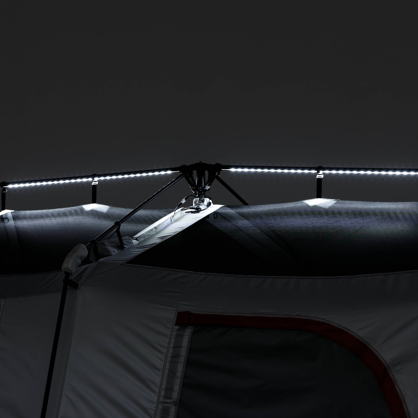 "8-Person Instant Cabin Tent set up in a campsite, showcasing its spacious interior, LED lighted poles, and durable design."