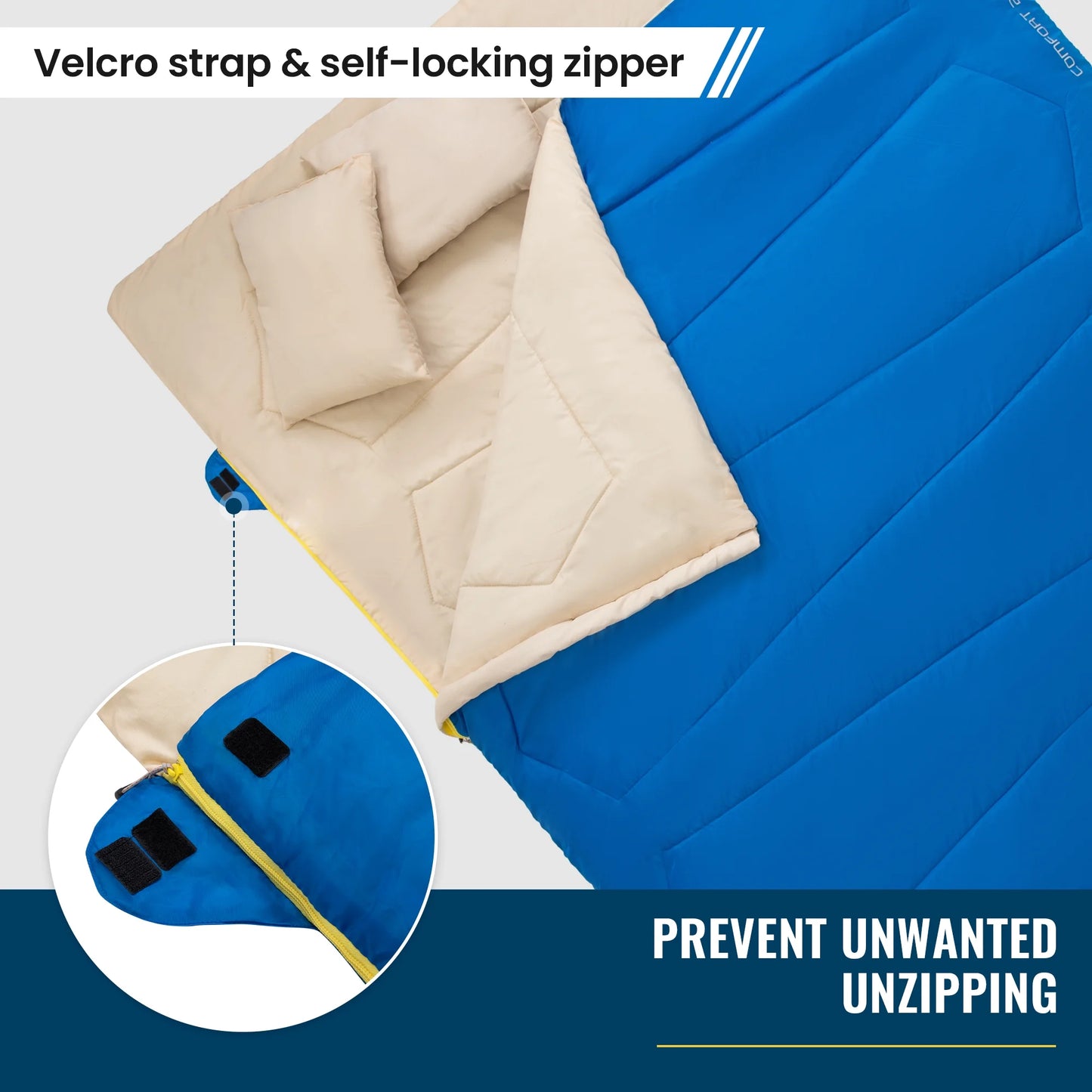 Image of a double sleeping bag with pillows in a lightweight design, featuring a 190T water-resistant shell, convertible into two singles, displayed on a clean white background.