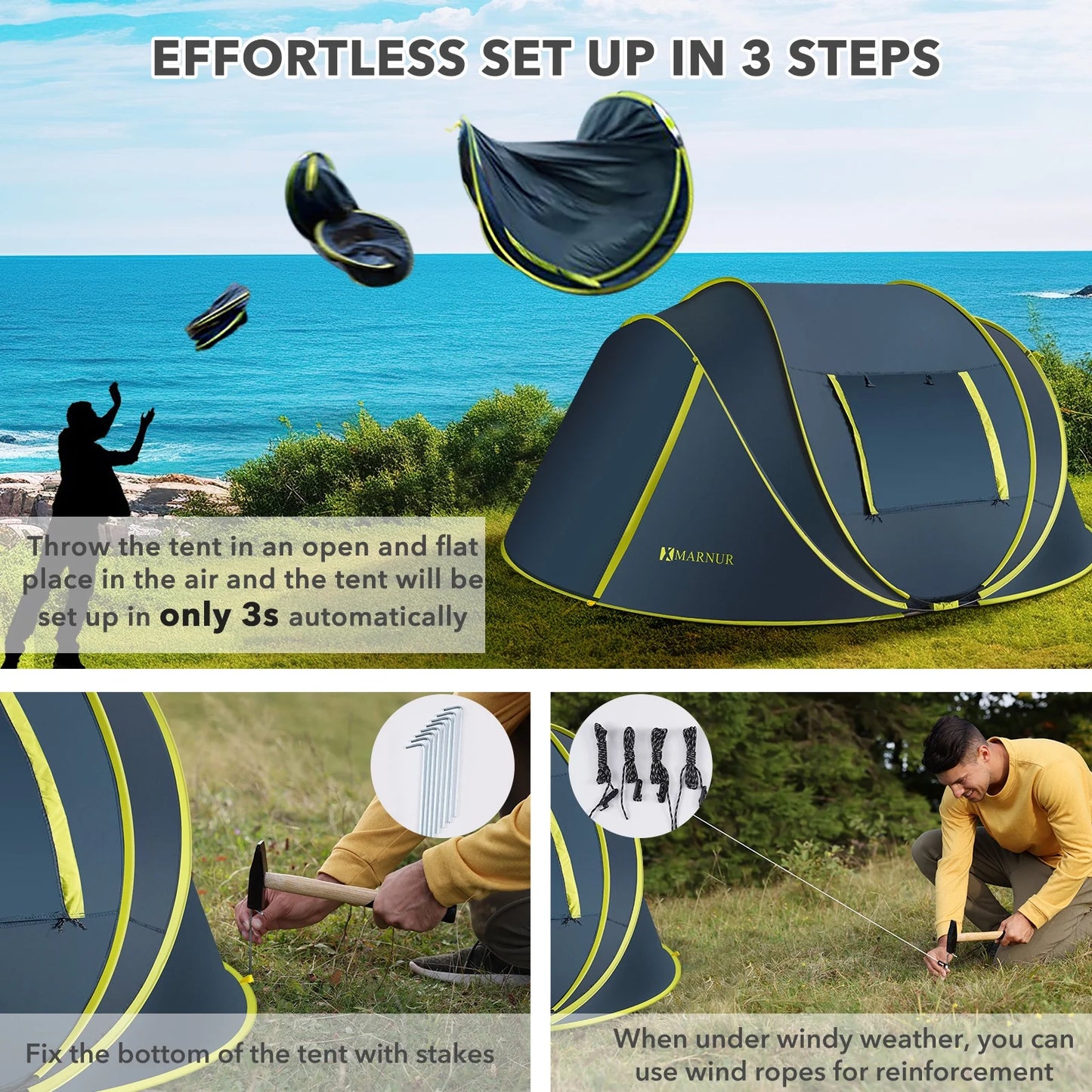 "4-Person Waterproof Pop-Up Instant Tent - spacious doors and windows, dark blue, perfect for camping."