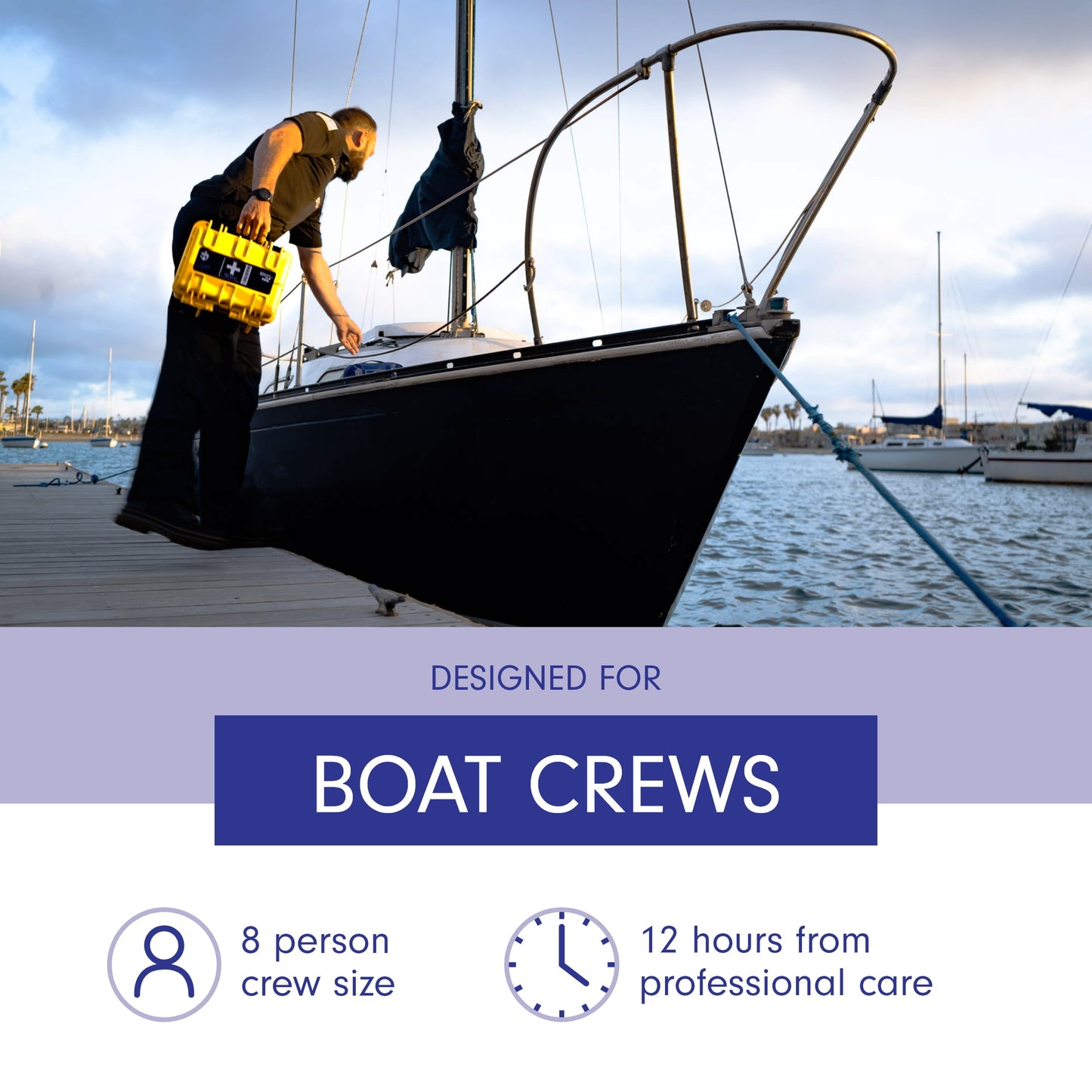 "USCG Approved Marine First Aid Kit with waterproof case, designed for 8-person boating emergencies."