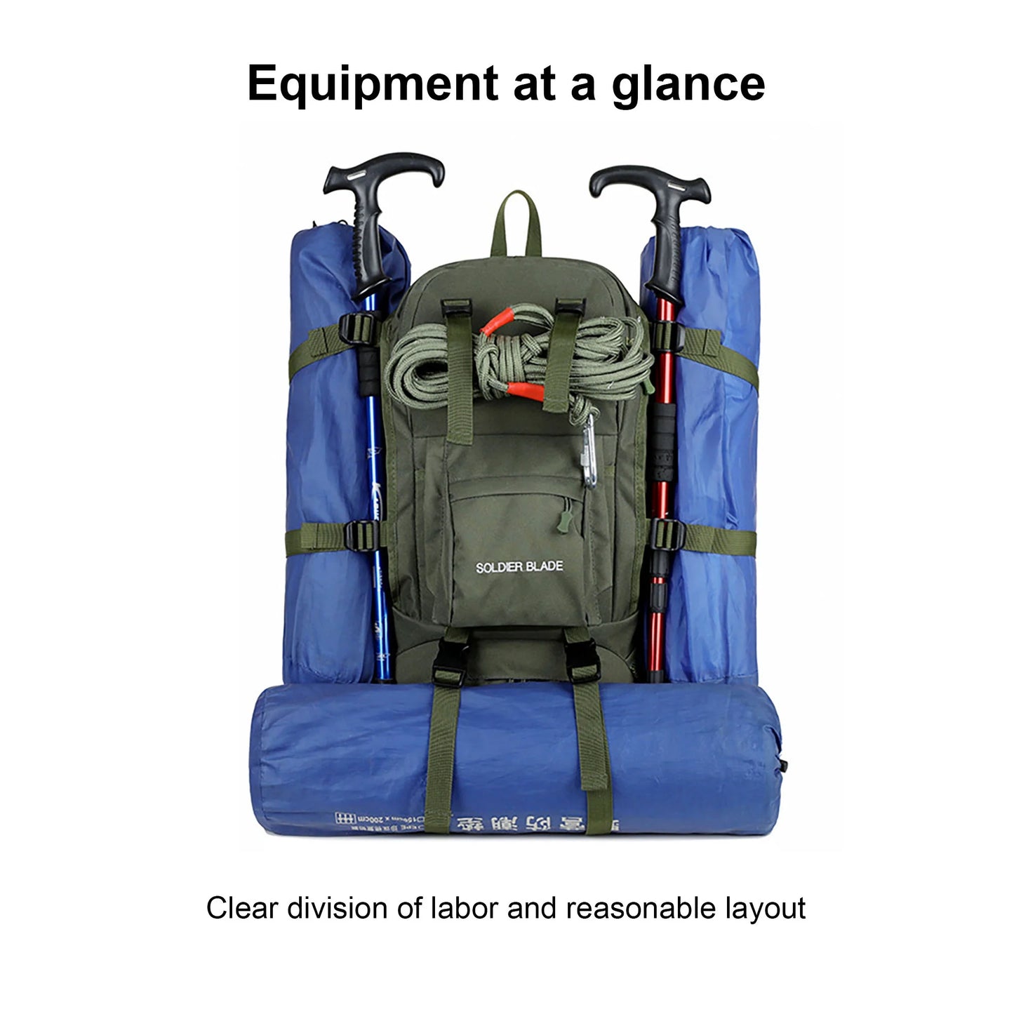 "45L Waterproof Backpack - durable climbing daypack for men and women in khaki with built-in emergency whistle and external straps."