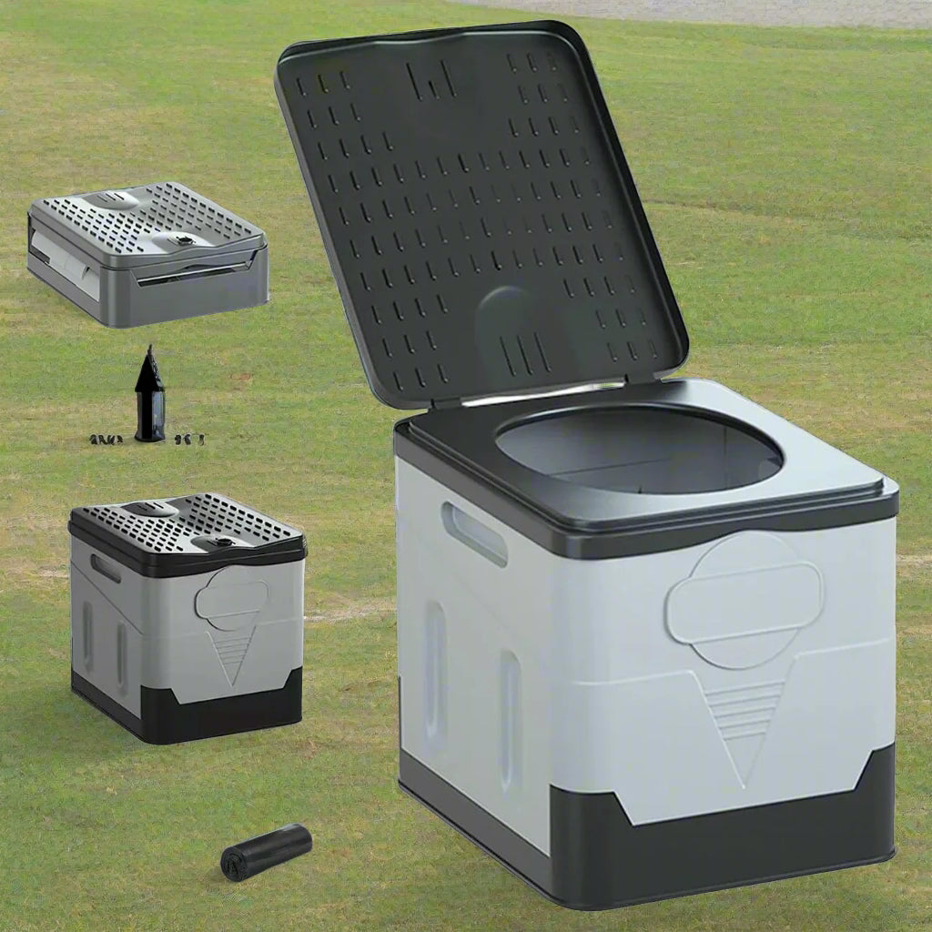 Image of a waterproof folding camping potty with a 400lb capacity, featuring a compact design, durable ABS plastic, and easy setup, ideal for emergency preparedness and outdoor use, displayed on a clean white background.