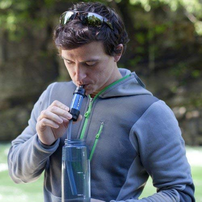 "Sawyer SP128 MINI Water Filter - ultralight 0.1 micron survival water purifier in blue with complete emergency kit."