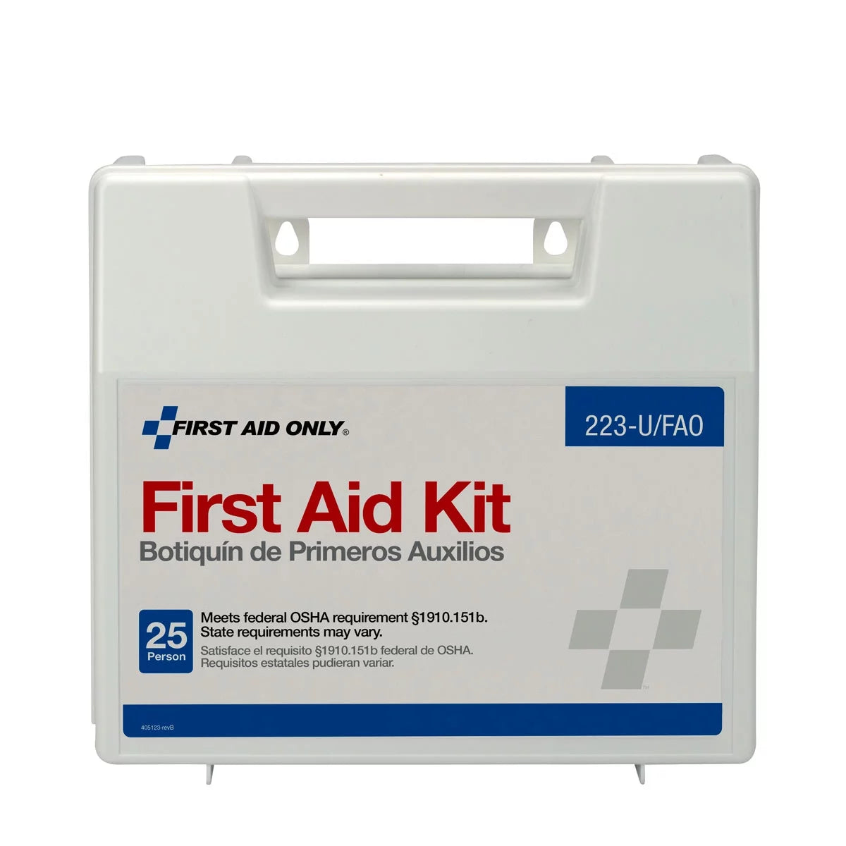 "ANSI-Compliant 107-Piece First Aid Kit displayed with medical supplies, showcasing its compact and organized design."