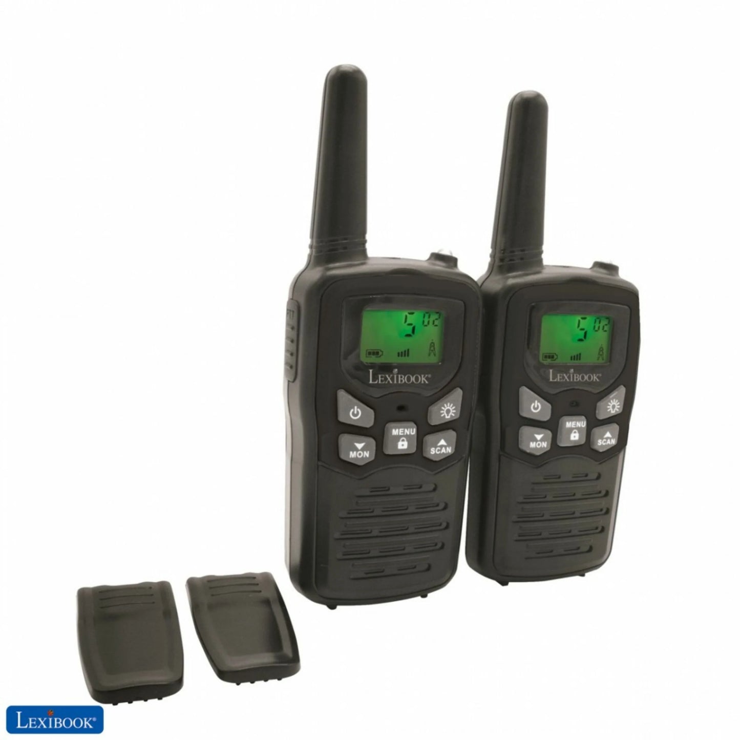"High-Performance Black Digital Walkie Talkies – 5-mile range, 8 channels, and LCD screen for outdoor adventures."
