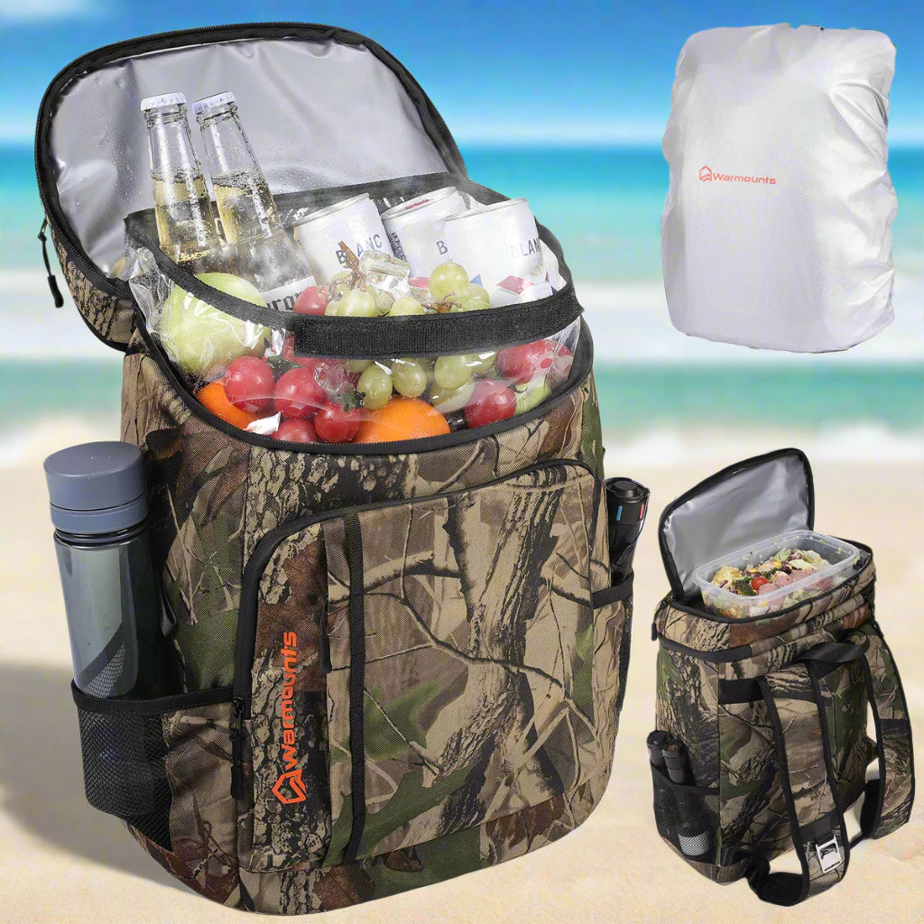 Fred the Zombie, a humorous cartoon character with glowing yellow eyes and red hair, wearing a camouflage cooler backpack filled with drinks and snacks. Fred is on a sunny beach with white sand and ocean waves in the background, struggling to balance the backpack. A subtle UFO Easter egg is visible in the clear blue sky. The camouflage cooler backpack is the focal point, showcasing its practicality and design for outdoor adventures.