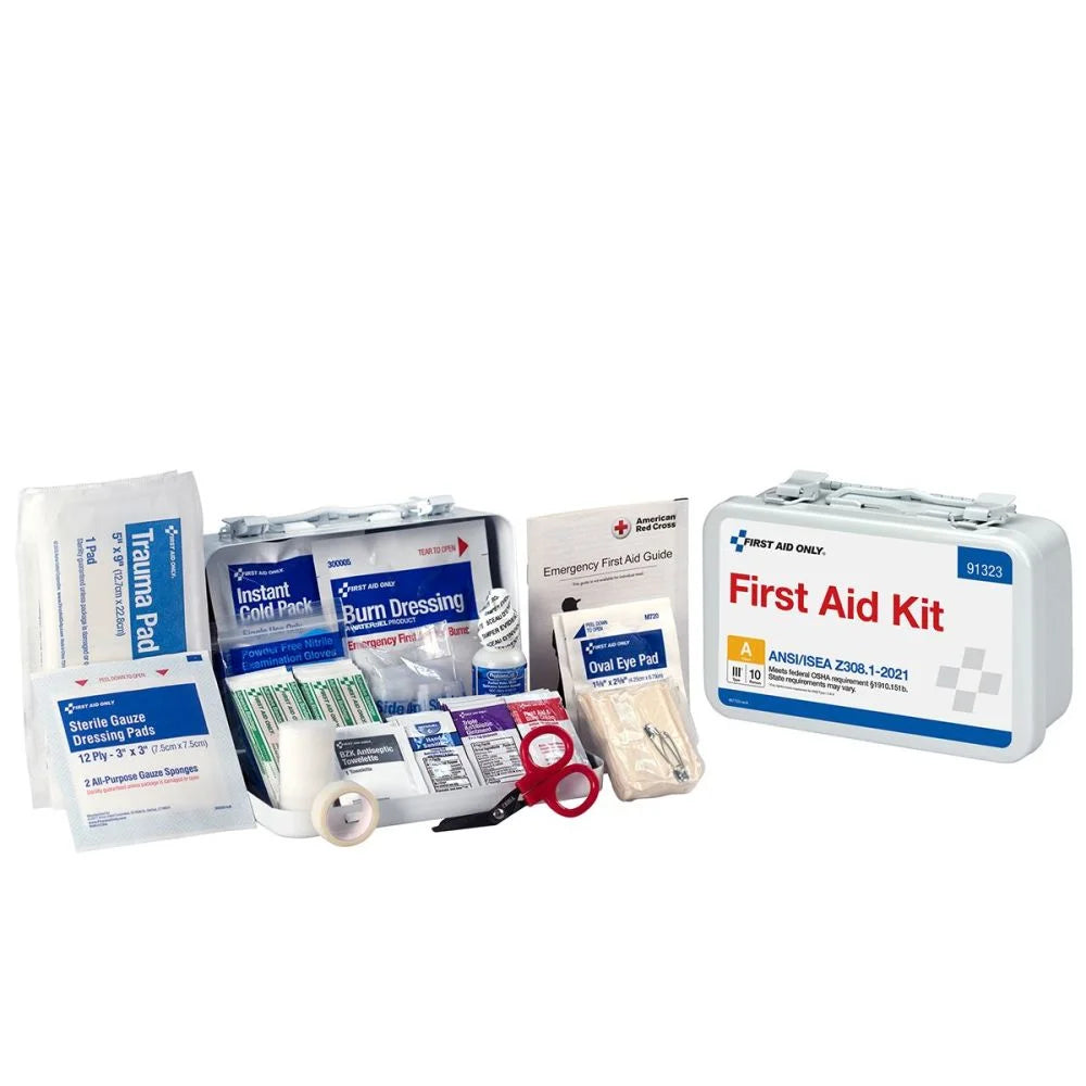 "ANSI Class A+ 351 First Aid Kit in a durable metal case with wall mount, showcasing its organized and OSHA-compliant design."