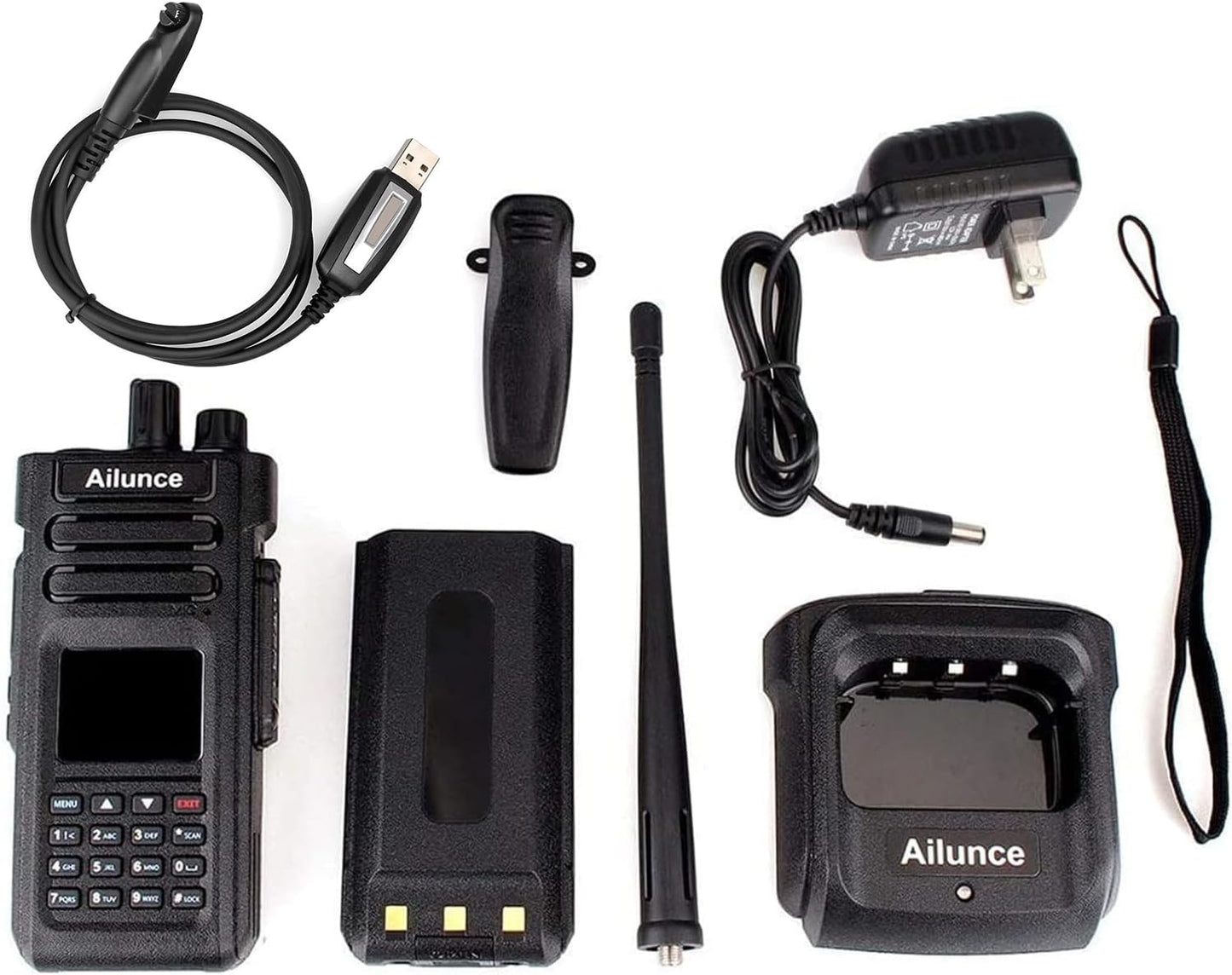 Image of the HD1 Dual Band Two-Way Radio featuring a durable design, long-range capability, and emergency alarm, ideal for outdoor adventures and emergency preparedness, displayed on a clean white background.