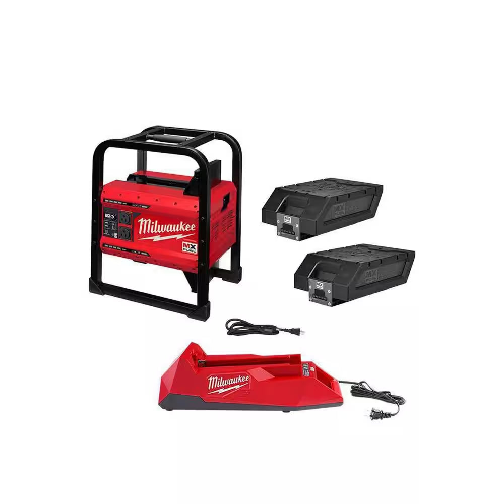 Image of the MX FUEL 3600W/1800W Portable Battery Generator with 2 XC batteries and a charger, showcasing a compact design with an integrated carry handle, displayed on a clean white background.