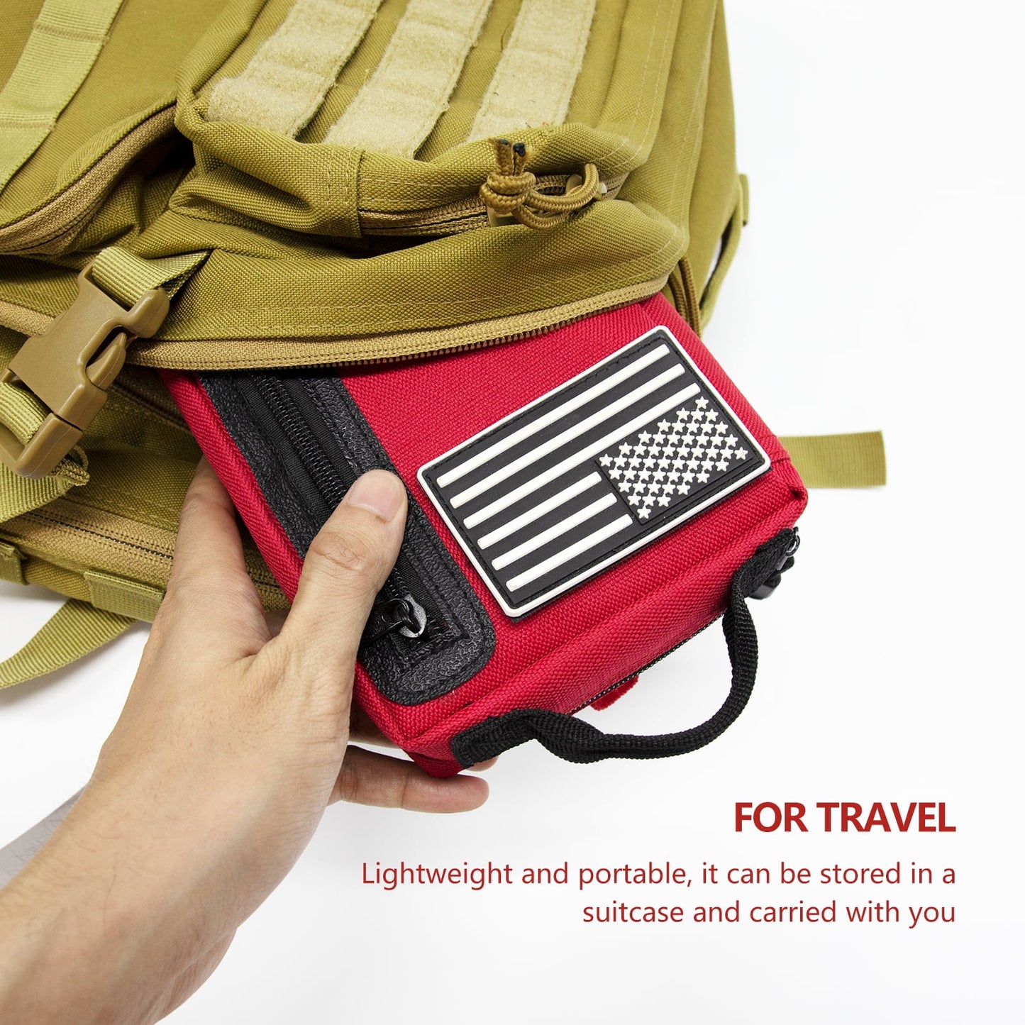 "Compact Premium First Aid Kit with travel-ready design, showcasing its organized and portable features for home, car, and outdoor use."