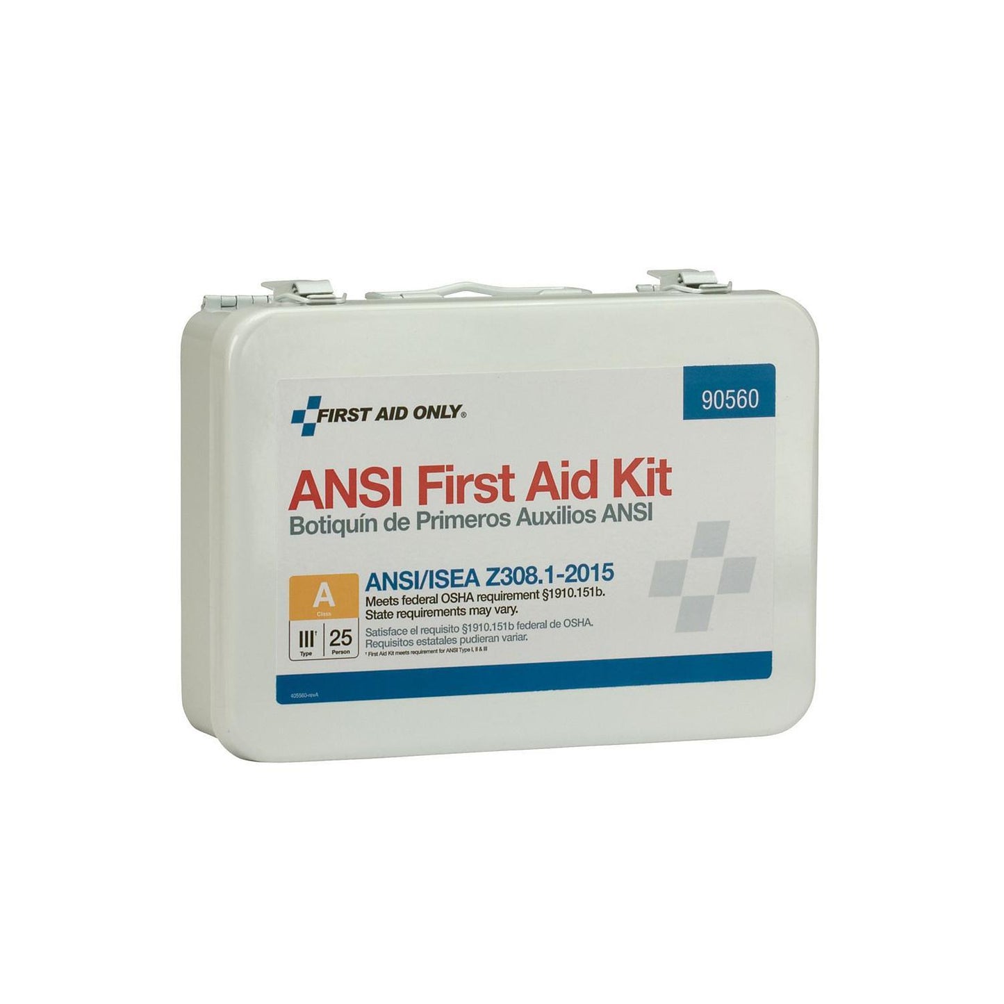 "Class A 25-Person First Aid Kit in a durable metal case, wall-mounted, showcasing its weatherproof design and organized supplies."