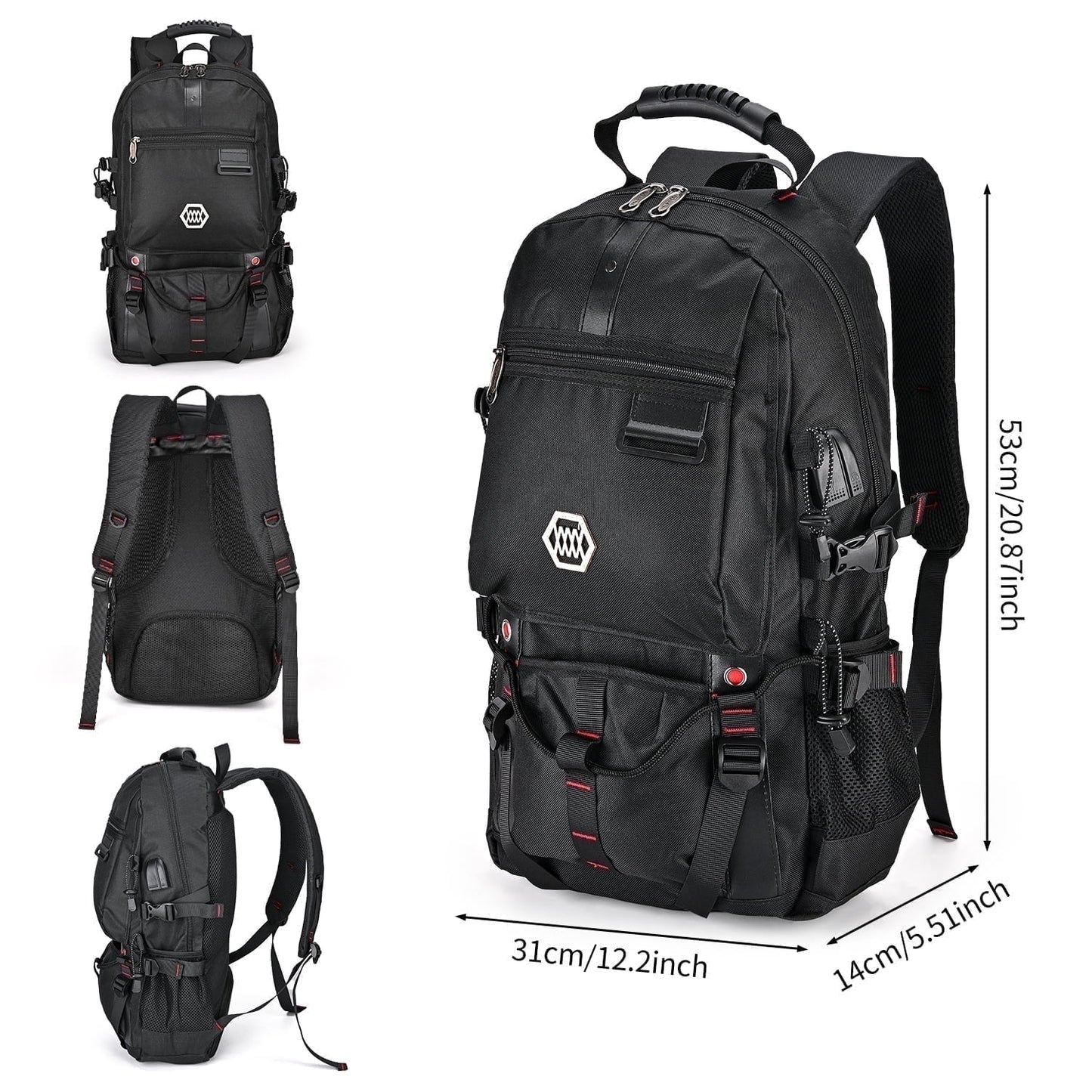 56L Anti-Theft Hiking Backpack for Men & Women - Durable Polyester Travel Bag with Slim Design