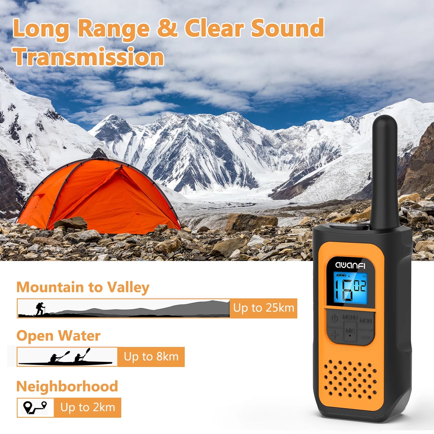 Image of AWANFI walkie-talkies (4 pack), featuring a durable design, 22 channels, and rechargeable functionality, perfect for outdoor adventures and emergency preparedness, displayed on a clean white background.
