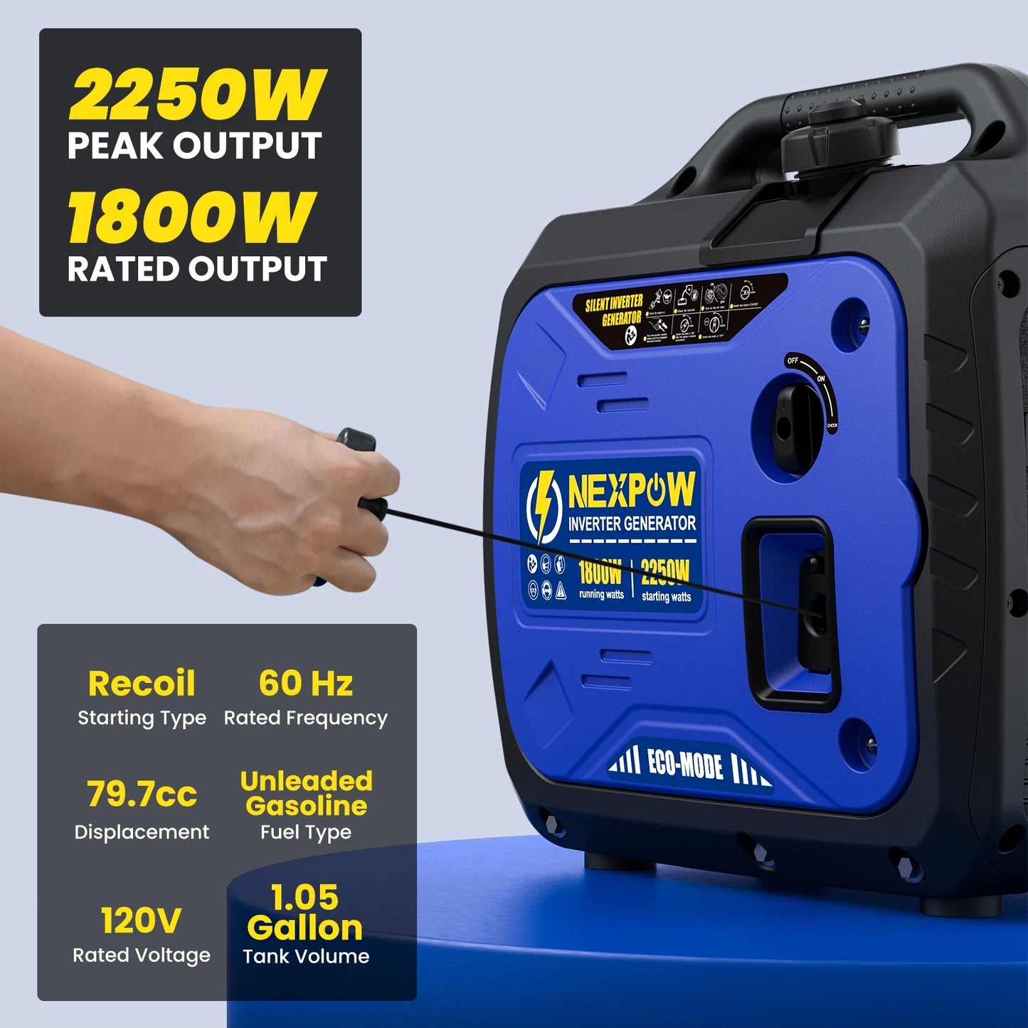 Image of the 2250W Super Quiet Gasoline Generator featuring a compact design, eco-mode, parallel capability, and USB ports, ideal for home backup and camping, displayed on a clean white background.