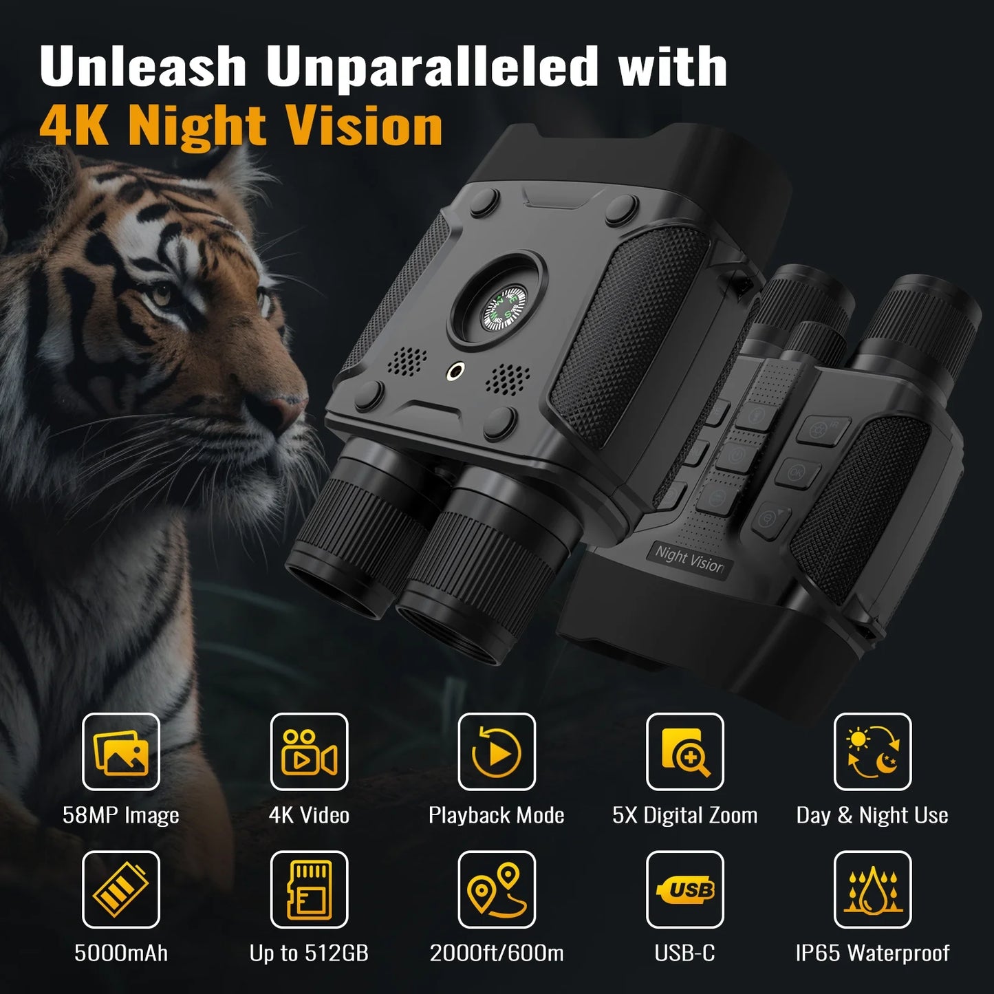 4K Night Vision Goggles - 5X Zoom, Waterproof Binoculars with 32GB Card & Rechargeable Battery for Hunting Adventures