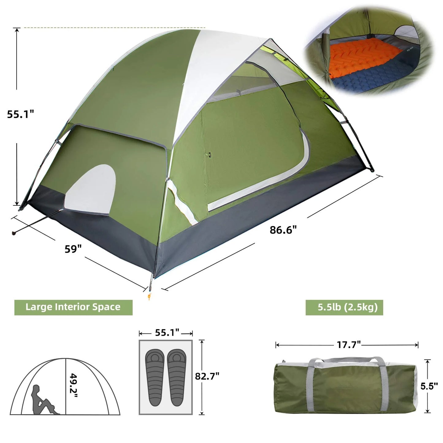 Image of an ultralight 5lb waterproof emergency prep tent, featuring durable materials, ventilated design, and gear organization options, ideal for camping and bug-out bags, displayed on a clean white background.