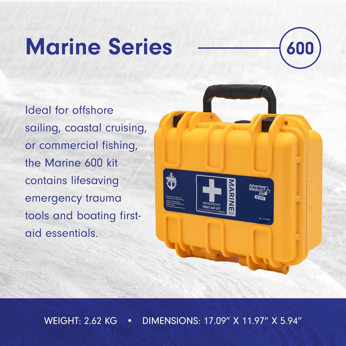 "USCG Approved Marine First Aid Kit with waterproof case, designed for 8-person boating emergencies."