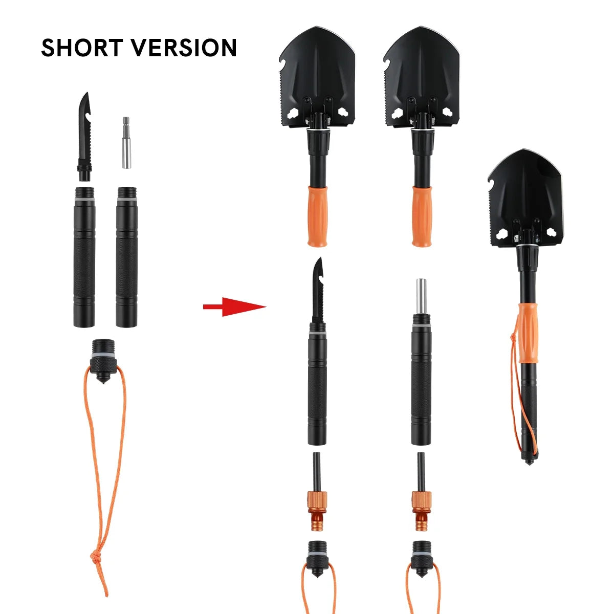 Image of a Survival Kit with a 15.35" high-carbon steel folding shovel, featuring a compact design, multi-tool functionality, and a durable hard case, ideal for emergency preparedness and outdoor use, displayed on a clean white background.