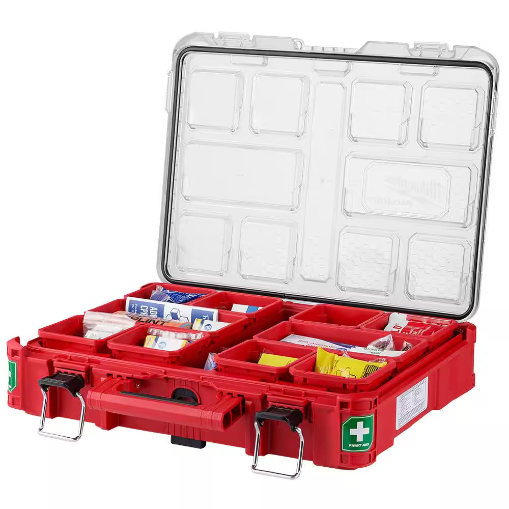 Image of a Milwaukee PACKOUT First Aid Kit featuring 193 essential pieces, a durable weather-sealed case, and a bonus 20oz red tumbler, displayed on a clean white background.