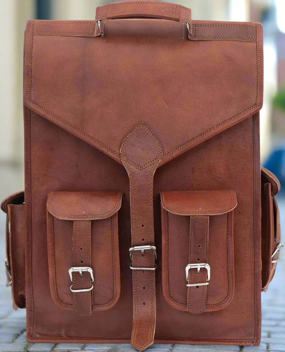 Shy Shy Premium 18-Inch Brown Leather Laptop Backpack - Stylish 2-in-1 Handmade Sling Rucksack for Men & Women