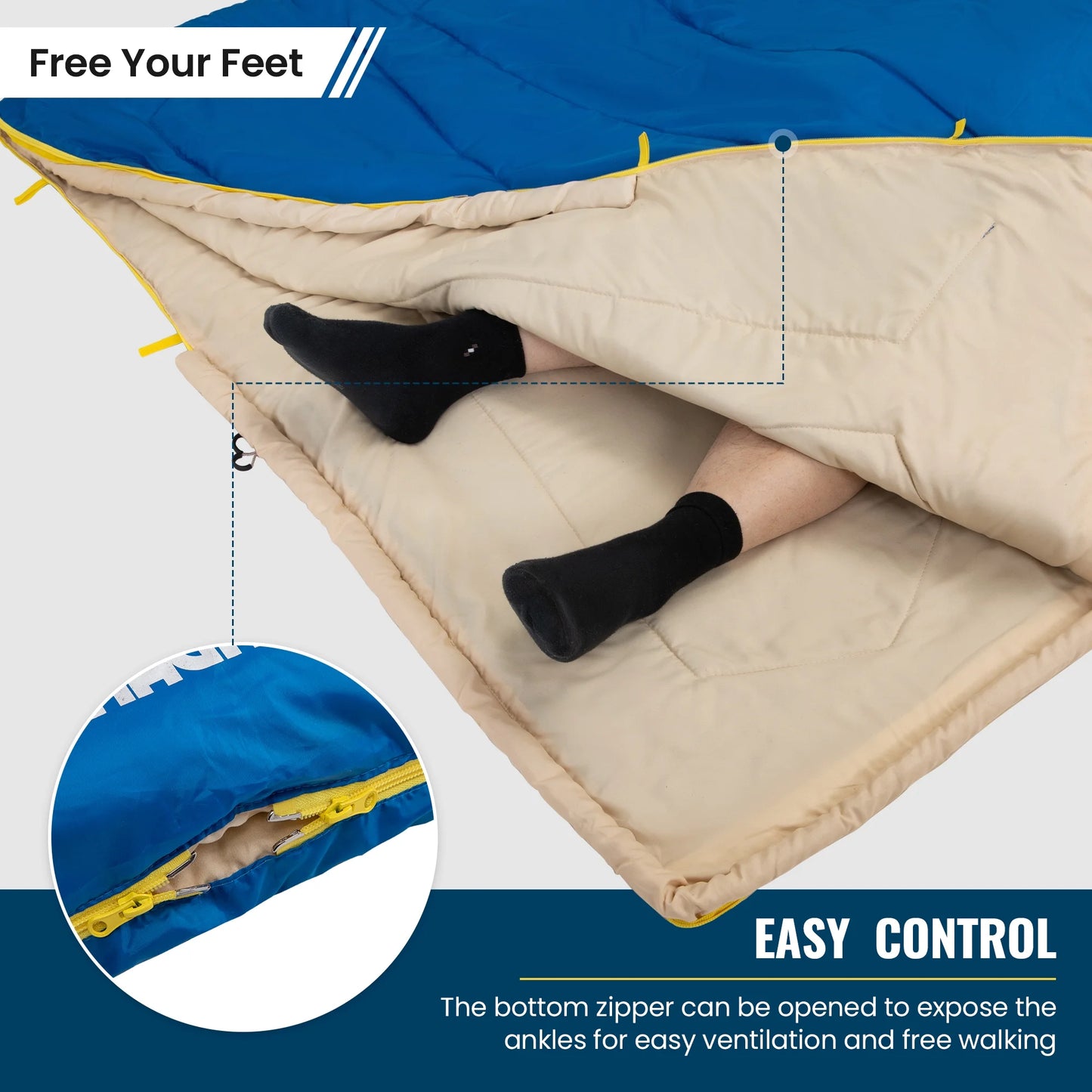 Image of a double sleeping bag with pillows in a lightweight design, featuring a 190T water-resistant shell, convertible into two singles, displayed on a clean white background.
