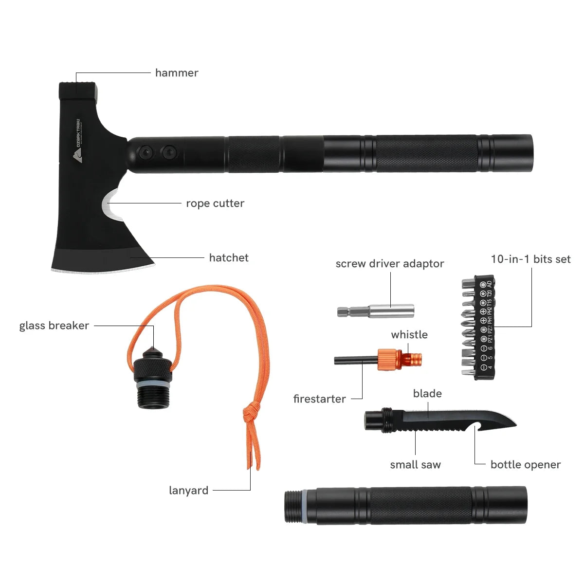 Image of a Survival Kit with a 15.35" high-carbon steel folding shovel, featuring a compact design, multi-tool functionality, and a durable hard case, ideal for emergency preparedness and outdoor use, displayed on a clean white background.
