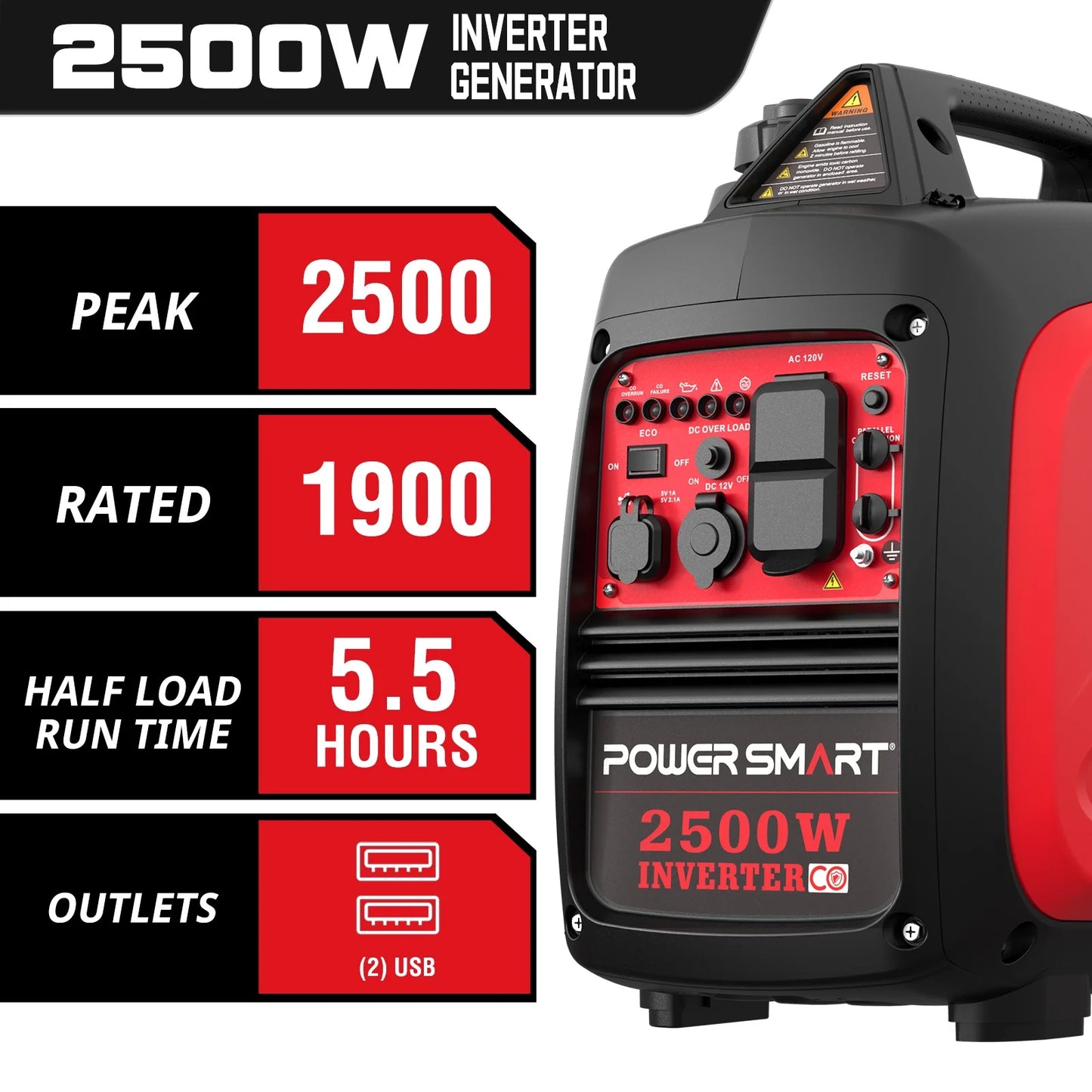 PowerSmart Portable Inverter Gas Generator with CO detection, low oil shutdown, and lightweight design for camping and emergencies.